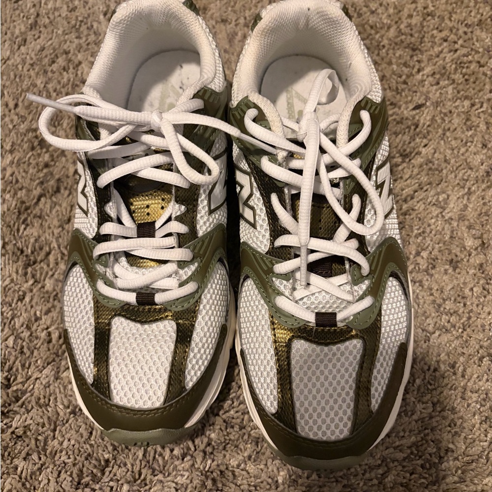 New Balance White and Olive Athletic Shoes